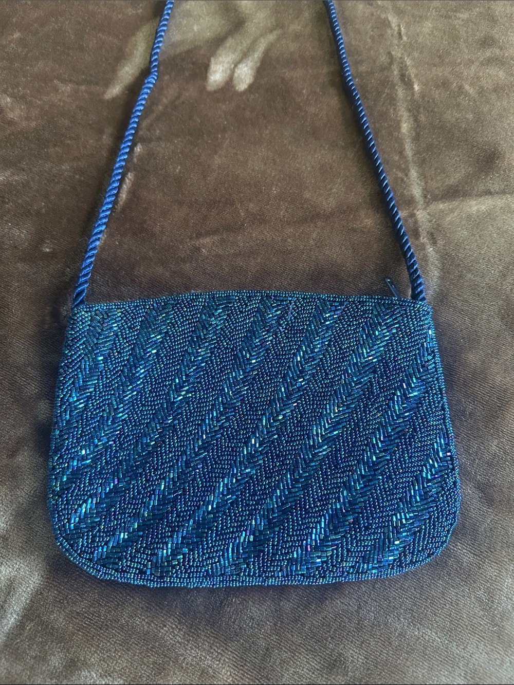 Hand-Beaded Blue Shoulder Bag with Twisted Strap
